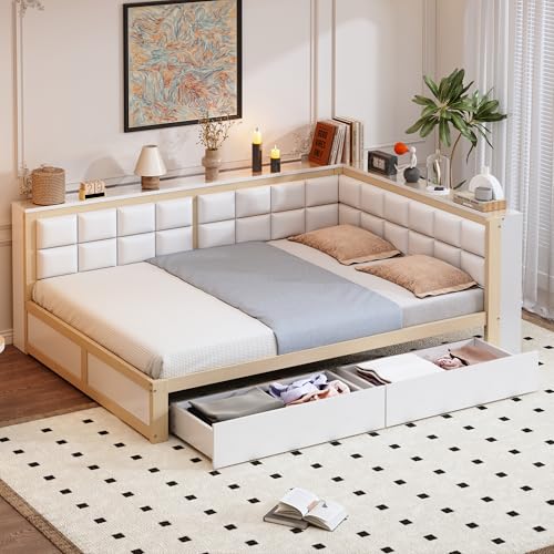 TIZZ Sofa-Holzbett 140 x 200 Mit Weicher Rückenlehne Großer Stauraumschublade Multifunktionales Einzelbett Jugendbett Holzbett Aus Kiefernholz Holzfarbe von TIZZ