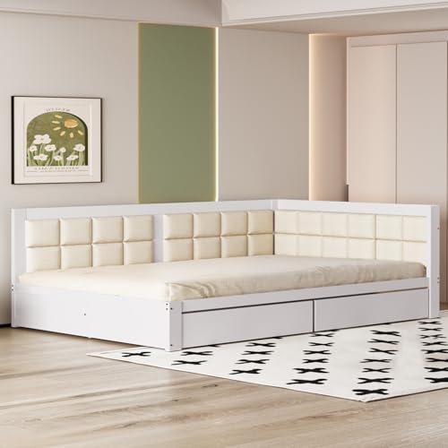 TIZZ Sofa Holzbett 140x200 Einzelbett Kiefer Weiß Multifunktionsbett Weiche Rückenlehnenform Große Stauraumschubladen Lattenrost von TIZZ
