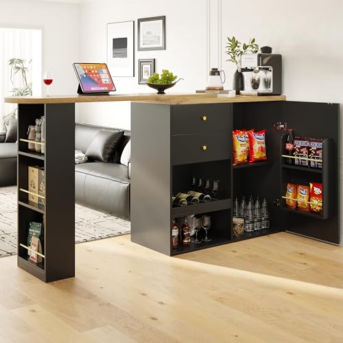 TIZZ Um 360° drehbarer Bartisch (Hauptkörper 105 x 39 x 102 cm), mit 2 Schubladen und Schiebetürschrank, 3 Ebenen offener Stauraum, geeignet für Esszimmer/Arbeitszimmer/Wohnzimmer usw von TIZZ
