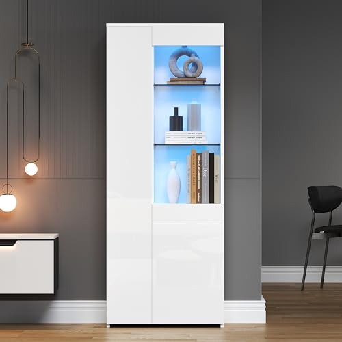TIZZ Vitrine 70 * 35 * 180cm mit Schubladen Hochglanz Glasvitrine LED-Beleuchtung Hochschrank Highboard Schrank Standvitrine Trennwandlagerung empfohlene Tragkraft 45kg von TIZZ