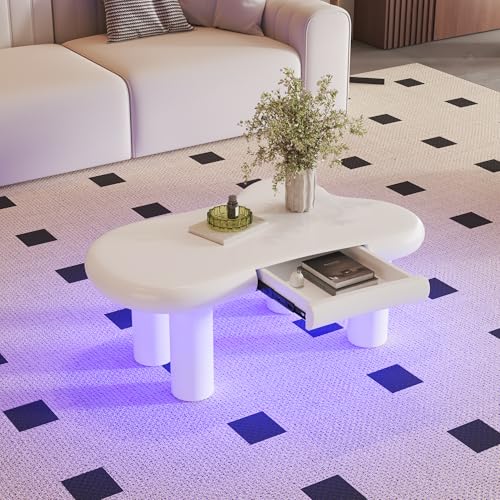 TIZZ Weißer Couchtisch in Cloud-Form aus MDF mit 16-Farbiger LED-Beleuchtung & Schublade – Moderner Wohnzimmertisch mit Stauraum von TIZZ