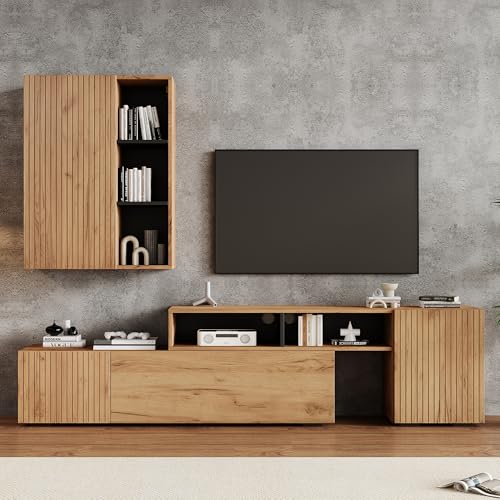 TV Wohnwand-Set bis 265 cm mit Vitrine (Komplett-Set 2-St) Mediawand inkl. TV-Board-Set und Standregal TV Wohnzimmermöbel-Set flexibel Länge stehend & hängend TV bis 120' Holzfarbe + Schwarz von TIZZ