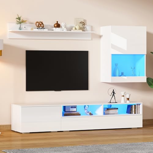 TV Wohnwand-set 175*39*34cm mit Vitrine Komplett-Set 3-St Mediawand inkl TV-Board Standregal und Wandregal TV Wohnzimmermöbel-Set mit LED und Hochglanz TV-Schrank stehend & hängend TV bis 80' Weiß TV Wohnwand-set 175*39*34cm mit Vitrine Komplett-Set 3-St Mediawand inkl TV-Board Standregal und Wandregal TV Wohnzimmermöbel-Set mit LED und Hochglanz TV-Schrank stehend & hängend TV bis 80' Weiß von TIZZ
