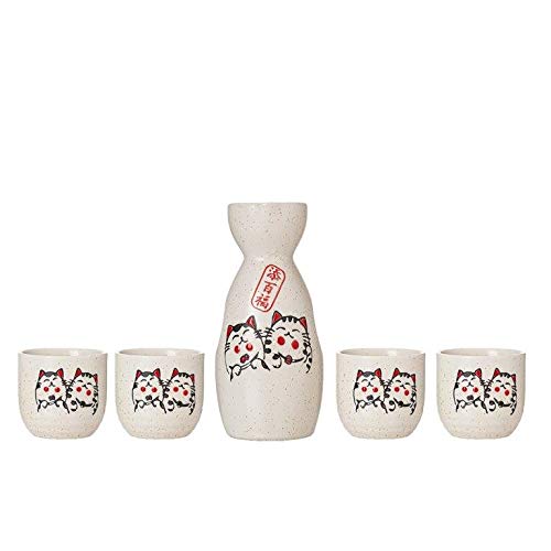 langlebige Keramik-Keramik, japanisches Sake-Set mit 1 Karaffe/Karaffe/Dekanter/Tokkuri-Flasche und 4 Ochoko Tassen für heiße oder kalte Sake zu Hause oder im Restaurant – süßes Katzen-Design von TJ Global
