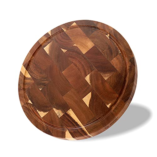 Acacia Holz Schneidebrett, TJ POP Runde Holz Schneidebrett 30 x 30 x 2.5cm, Premium Küche Schneidebrett mit rutschfesten Füßen zum Schneiden von Fleisch, Gemüse, Obst und Käse von TJ POP