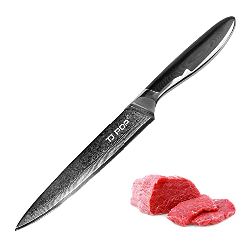 Damastmesser Fleischmesser, TJ POP Damast Küchenmesser Profi Messer 20cm, Ultrascharfes Full Tang Design Kochmesser, Japanische VG-10 Messer, Guter Halt, Rutschfester G10 Griff von TJ POP