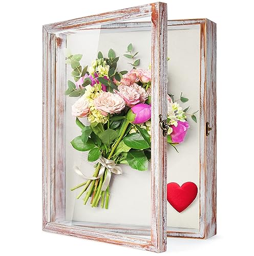 TJ.MOREE Blumen Große Schattenbox Vitrine Rahmen mit Glasfenstertür Bilderrahmen Hochzeitsstrauß Erinnerungsstücke Medaillen Fotos Erinnerungsbox für Andenken (42 x 33 cm-Weiß) von TJ.MOREE