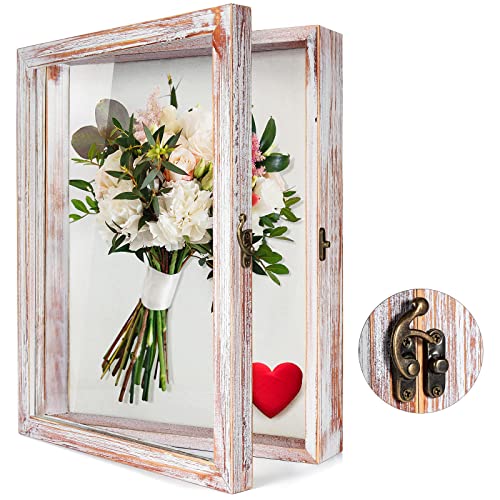 TJ.MOREE Blumen Große Schattenbox Vitrine Rahmen mit Glasfenstertür Bilderrahmen Hochzeitsstrauß Erinnerungsstücke Medaillen Fotos Erinnerungsbox für Andenken - Rustikales Schwarz (35 x 28 cm -Weiß) von TJ.MOREE