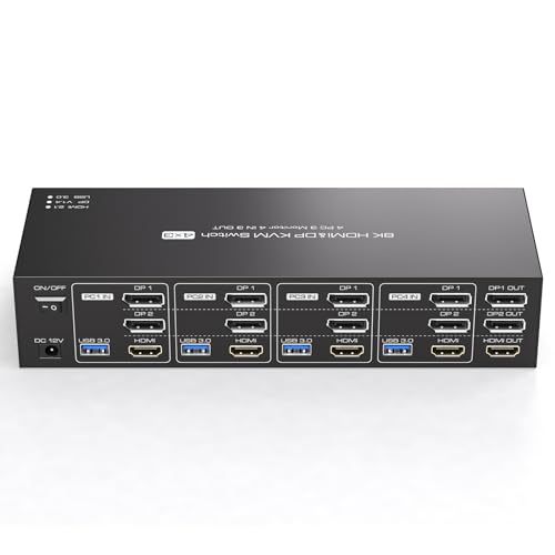 TJCXELE 8K60Hz 2 Displayport +HDMI KVM-Switch 4 PC 3 Monitore USB 3.0 Triple Monitor KVM-Switches für Vier PC Teilen Sie Triple Monitore und 4 USB Geräte mit Fernbedienung und 4xUSB-Kabel TJCXELE 8K60Hz 2 Displayport +HDMI KVM-Switch 4 PC 3 Monitore USB 3.0 Triple Monitor KVM-Switches für Vier PC Teilen Sie Triple Monitore und 4 USB Geräte mit Fernbedienung und 4xUSB-Kabel von TJCXELE