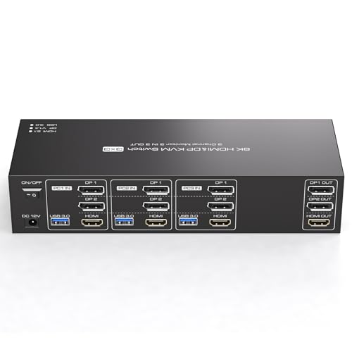 TJCXELE 8K60Hz HDMI+2Displayport KVM Switch 3 PC 3 Monitore USB3.0 Triple Monitores KVM Switches 4k144Hz für Drei PC Teilen Sie Drei Monitore und 4 USB Geräte mit Fernbedienung und 3xUSB Kabel TJCXELE 8K60Hz HDMI+2Displayport KVM Switch 3 PC 3 Monitore USB3.0 Triple Monitores KVM Switches 4k144Hz für Drei PC Teilen Sie Drei Monitore und 4 USB Geräte mit Fernbedienung und 3xUSB Kabel von TJCXELE