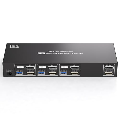 TJCXELE HDMI+Displayport 4K60Hz KVM Switch 3 PC 2 Monitore USB3.0 KVM Dual Monitor mit 4 USB3.0-Ports Für Drei Computer, die 2 Monitore teilen und 4 USB-Geräte mit 3 USB-Kabel und Fernbedienungen TJCXELE HDMI+Displayport 4K60Hz KVM Switch 3 PC 2 Monitore USB3.0 KVM Dual Monitor mit 4 USB3.0-Ports Für Drei Computer, die 2 Monitore teilen und 4 USB-Geräte mit 3 USB-Kabel und Fernbedienungen von TJCXELE