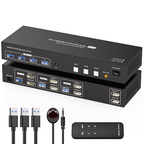 TJCXELE KVM Switch 3 PC 2 Monitore HDMI 4K60Hz, EDID, USB 3.0 KVM Umschalter für 3 PC Teilen Tastatur, Maus, USB Devices, mit Inklusive USB-Kabel, Inline-Steuerung, Fernbedienung und Netzteil TJCXELE KVM Switch 3 PC 2 Monitore HDMI 4K60Hz, EDID, USB 3.0 KVM Umschalter für 3 PC Teilen Tastatur, Maus, USB Devices, mit Inklusive USB-Kabel, Inline-Steuerung, Fernbedienung und Netzteil von TJCXELE