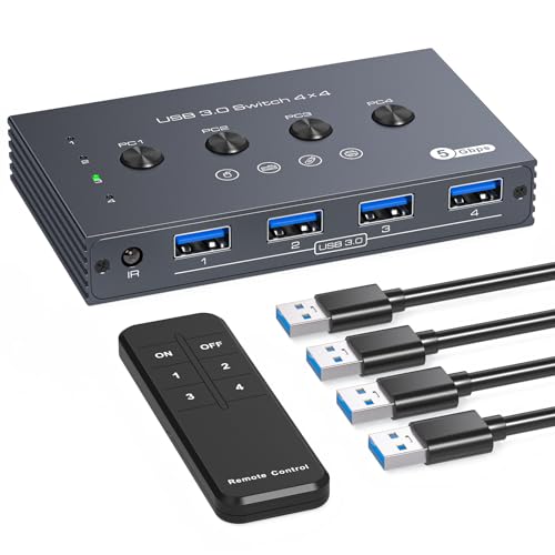TJCXELE USB Switch 4 PC USB 3.0 Switcher Selector 4 In 4 Out für vier Computer Sharing vier USB-Geräte Tastatur, Maus, Drucker, Scanner, U Disk mit Fernbedienung und 4xUSB 3.0 A zu A Kabel von TJCXELE