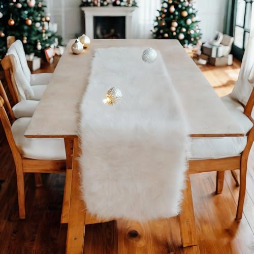 Tischläufer, Tischläufer Weiß, Kunstfell Fell-Tischläufer, Ostertischläufer, Runner Schmal, Kunstfell Meterware, für Partys, Geburtstage, Weihnachten, Friendsgiving,Hochzeiten,Esstische(11.81"x47.24") von TJHDSF