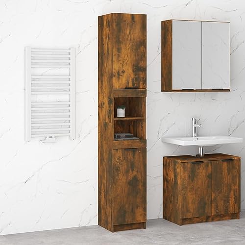 TJROO Badezimmerschrank Sideboard Aufbewahrungsschrank Innenmöbel für Wohnzimmer Schlafzimmer oder jeden anderen Wohnraum Minimalistisches Design Eiche Smoke 32 x 34 x 188,5 cm von TJROO