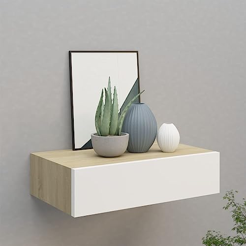 TJROO Schweberegal Eckregal mit kompakter Schublade, Wandregal, Wandregal, leeres Design, platzsparendes Design, Eiche und Weiß, 40 x 23,5 x 10 cm TJROO Schweberegal Eckregal mit kompakter Schublade, Wandregal, Wandregal, leeres Design, platzsparendes Design, Eiche und Weiß, 40 x 23,5 x 10 cm von TJROO