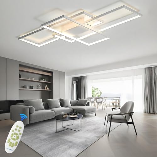 TJSC LED Deckenleuchte Modern Deckenlampe Wohnzimmer, Weiß Dimmbar Wohnzimmerlampe, Rechteckige Deckenstrahler Mit Fernbedienung, Schlafzimmerlampe Groß Deckenbeleuchtung für Wohnzimmer, 80cm von TJSC