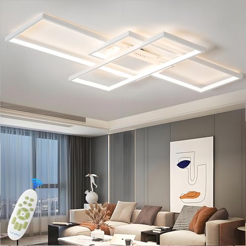 TJSC LED Deckenleuchte Dimmbar Modern Deckenlampe Wohnzimmer, Weiß Wohnzimmerlampe, Rechteckige Deckenstrahler Mit Fernbedienung, Schlafzimmer Energiespar Lampen für Schlafzimmer Wohnzimmer, 140cm von TJSC