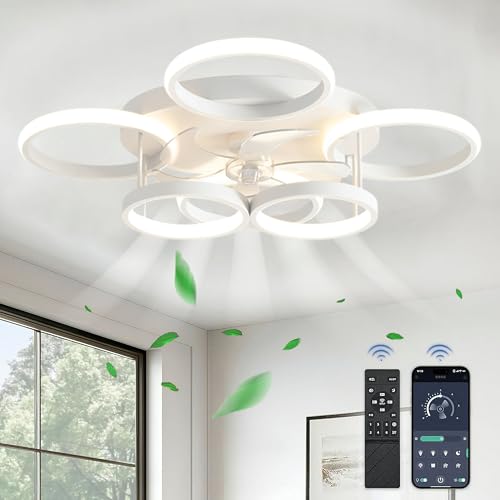 TJSC LED Deckenventilator Mit Beleuchtung, Leise,65W Dimmbar Ventilator Deckenleuchte Mit Fernbedienung APP, Timer 6 Geschwindigkeiten Ventilatorlicht, für Schlafzimmer Wohnzimmer Lampe, Weiß von TJSC