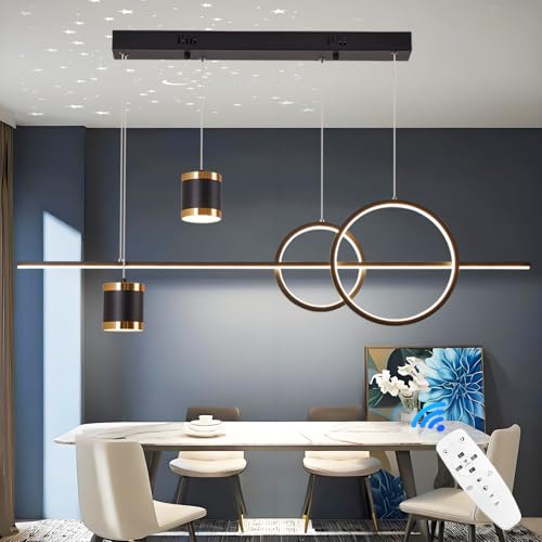 TJSC LED Pendelleuchte Esstisch, 49W Dimmbar Hängelampe mit Fernbedienung, Sternenhimmel Unabhängig Steuerbare Hängeleuchte, 120cm Höhenverstellbar Pendellampe, Für Esszimmer, Küche, Schwarz, 120cm von TJSC