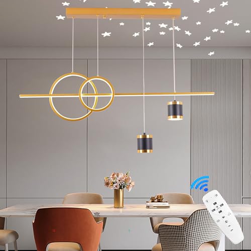 TJSC LED Pendelleuchte Esszimmer Dimmbar Hängelampe Esstisch Modern Linear design Hängeleuchte mit Fernbedienung 49W Hängend 120cm Höhenverstellbar Kronleuchter Für Esszimmer Küche Wohnzimmer Gold von TJSC