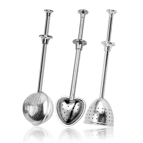 Teezange Teesieb für losen Tee, Teeei Teaballs aus 304 Edelstahl - 3 Formen (Kugel, Herz, Halbkugel) mit 13cm Griff & Drucköffnung Perfekt für losen Tee, Gewürze, auch Mehlsieb Kakaopulver von TJUSPIRIT