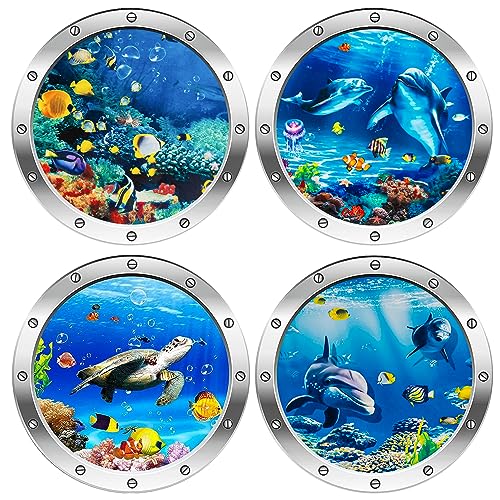 3D Wandtattoo Unterwasserwelt, 4 Pcs Wandtattoo Badezimmer Bullauge deko, Wandsticker Badezimmer Bilder Bullauge Unterwasserwelt Wandaufkleber (Schildkröte Silber) von TJYAEKLTD