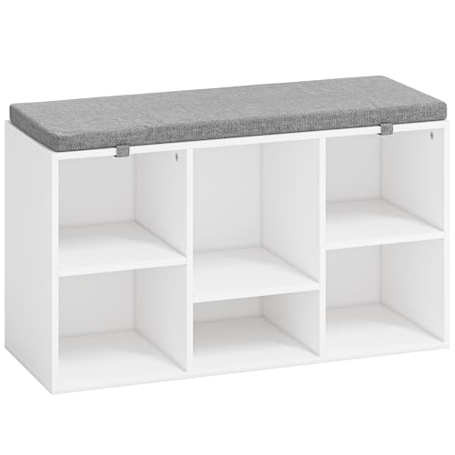 TJYGO Schuhbank, Aufbewahrungsbank mit gepolstertem Sitz, 6 Cubbies Storage Eingangsbank, für Wohnzimmer, Schlafzimmer, Flur, Weiß von TJYGO