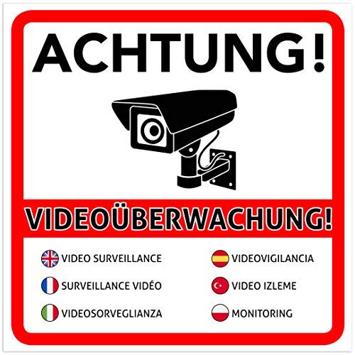 2 Stück Achtung Videoüberwachung Premium Aufkleber – Schild – Sticker |Hinweisschild – Warnschild für mit Kamera videoüberwachtes Objekt – Haus – Gelände | Kratz- wetterfest 10 x 10 cm von TK THERMALKING