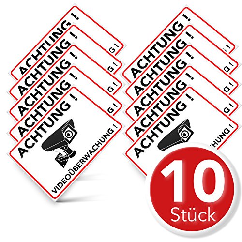 Achtung Videoüberwachung Aufkleber – Schild – Folie – Sticker (Kameraüberwachung – Überwachungskamera – Alarmanlage – Alarmgesichert – Warnschild) Weiss – 10 STK. (14,80 cm x 10,50cm) von TK THERMALKING