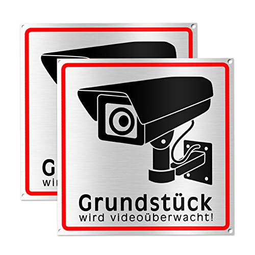 TK THERMALKING Achtung Videoüberwachung Schild - Hinweisschild - Warnschild für Kameraüberwachung - Gebürstetes Aluminium - 15x15 cm - Metall (2 STK.) von TK THERMALKING
