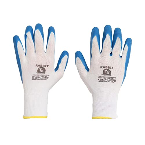 TK Rabbit Weiß-Blau - 12 Paar - Latex Beschichtet Arbeitshandschuhe Latexhandschuhe Gartenhandschuhe | Herren, Damen | Garten-, Builders, Mechaniker: ISO, CE PSA CAT II, EN 420, EN 388 - Gr. 7 von TK