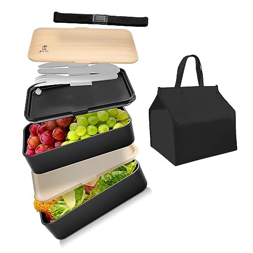 Bentobox Lunchbox für Erwachsene mit Fächern Thermo Tasche & Besteck - Brotbox mit Unterteilung japanischem Design - Essensbehälter für unterwegs von TK28MN
