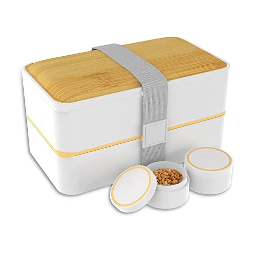 Premium Bento Lunchbox für Erwachsene/Kinder mit Ablage & 4 Besteck, luftdichter Essensbehälter mit 2 Fächern - Büro/Arbeitspasten - Zero Waste - Mikrowelle und Spülmaschine - BPA-frei von TK28MN