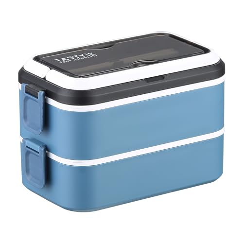 StapelbareThermo-Lunchbox, tragbare Warmhaltebox für Speisen, isoliert, mit 2x 750 ml Fächer zum Stapeln, mit herausnehmbarer Trennwand, mit 3-in-1 Besteck zum Aufklappen von TK28MN