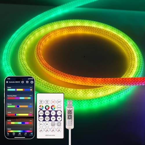 1M LED Neon Rope Light with Remote and APP Control, 360° RGB IP65 Schlauch Diffus Lichtband, 50LEDs/M Traum Farben Lauflicht Effekt für Heimdekoration von TK99SW
