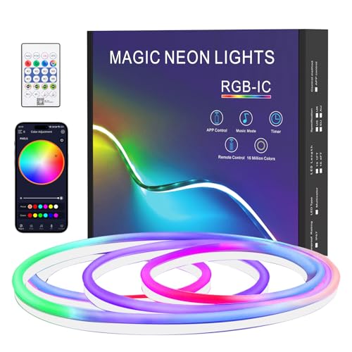 Neon LED Strip 1m, IP67 Waterproof Silikon LED Streifen mit Fernbedienung und App-Steuerung, 5V RGB LED Band Neon Seil Lampe, DIY-Formen, Musik Sync für Innen-Außendekoration von TK99SW