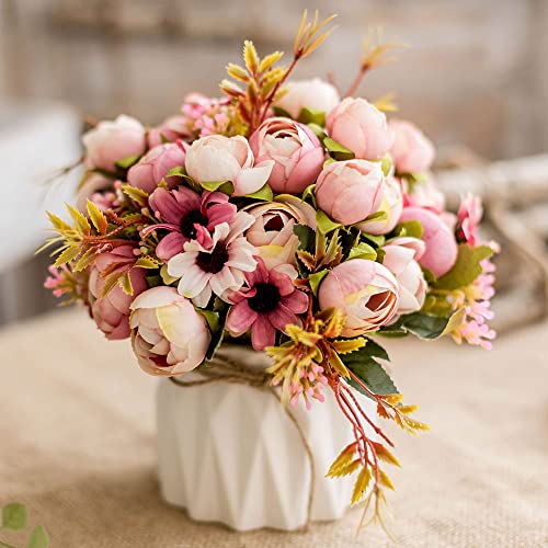 Künstliche Blumen Seidenrosen Blumensträuße Dekoration mit Keramikvase für Tisch Zuhause Büro Hochzeit (Pink Bud) von TKAS