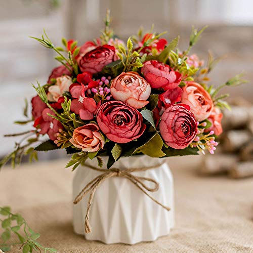 Künstliche Blumen Seidenrosen Blumensträuße Dekoration mit Keramikvase für Tisch Zuhause Büro Hochzeit (Red Bud) von TKAS