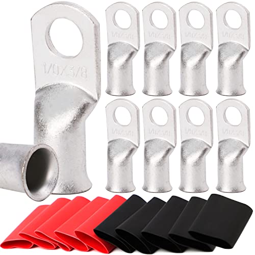 TKDMR 10 Stück 1/0 AWG-3/8 Zoll Ring-Kupferdrahtschuhe, mit 3:1 Schrumpfschlauch, UL-Batteriekabelenden, robuste Kabelschuhe, verzinnte Kupferösen, röhrenförmige Ringklemmen von TKDMR