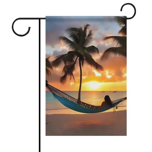 Strand Sonnenuntergang Hängematte Frühling Sommer Gartenflaggen 30,5 x 45,7 cm doppelseitig für den Außenbereich, saisonale Außenflaggen & Banner für Terrasse, Hof, Deck, Veranda, Garten, Terrasse von TKJMCSW