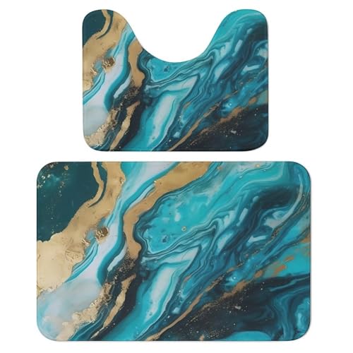 TKJMCSW Badezimmerteppich-Set, Türkis, Blau, Gold, Marmor, 2-teilig, Badezimmerteppich, Badematte, Badteppich, Badteppich, Badteppich-Set, Badematten für Badezimmer, WC, U-förmig, waschbar von TKJMCSW