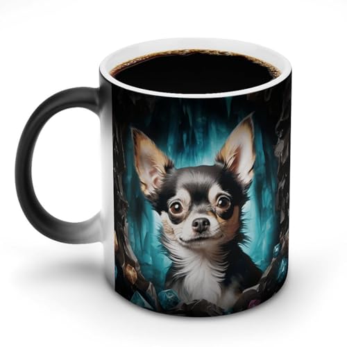 TKJMCSW Kaffeetasse, 325 ml, Edelsteinhöhle, Chihuahua, farbwechselnde Tasse, wärmewechselnde Kaffeetasse mit Griff, wärmeempfindliche magische Tasse für Damen und Herren, lustige Keramiktasse für Tee von TKJMCSW