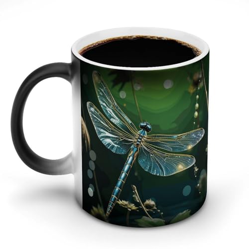 TKJMCSW Kaffeetasse, 325 ml, Libellengrün, farbwechselnde Tasse, wärmewechselnde Kaffeetasse mit Griff, wärmeempfindliche magische Tasse für Damen und Herren, lustige Keramiktasse für Tee, Latte von TKJMCSW