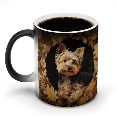 TKJMCSW Kaffeetasse, 325 ml, Yorkshire Terrier in der Höhle, farbwechselnde Tasse, wärmewechselnde Kaffeetasse mit Griff, wärmeempfindliche magische Tasse für Damen und Herren, lustige Keramiktasse von TKJMCSW