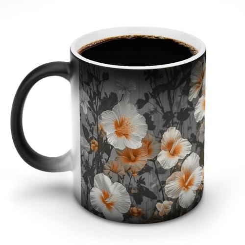 TKJMCSW Kaffeetasse, 325 ml, blühende Hibiskusblumen, farbwechselnde Tassen, wärmewechselnde Kaffeetassen mit Griff, wärmeempfindliche magische Tasse für Damen und Herren, lustige Keramiktasse für Tee von TKJMCSW