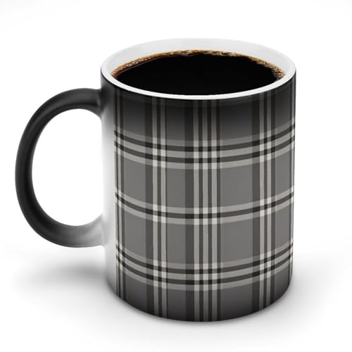 TKJMCSW Kaffeetasse, 325 ml, graue karierte Linien, farbwechselnde Tassen, wärmewechselnde Kaffeetassen mit Griff, wärmeempfindliche magische Tasse für Damen und Herren, lustige Keramiktasse für Tee von TKJMCSW