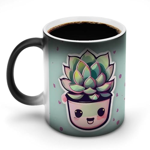 TKJMCSW Kaffeetasse, 325 ml, lächelnde Sukkulenten, farbwechselnde Tassen, wärmewechselnde Kaffeetassen mit Griff, wärmeempfindliche magische Tasse für Damen und Herren, lustige Keramiktasse für Tee von TKJMCSW