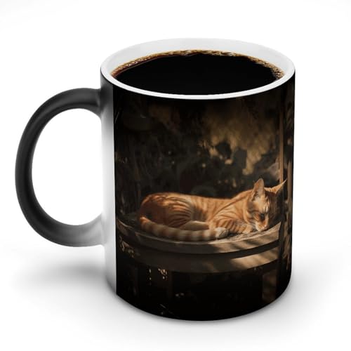 TKJMCSW Kaffeetasse, 325 ml, orangefarbene Katze, schlafend, farbwechselnde Tasse, wärmewechselnde Kaffeetasse mit Griff, wärmeempfindliche magische Tasse für Damen und Herren, lustige Keramiktasse von TKJMCSW
