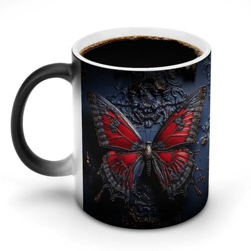 TKJMCSW Kaffeetasse, 325 ml, roter Schmetterling, farbwechselnde Tasse, wärmewechselnde Kaffeetasse mit Griff, wärmeempfindliche magische Tasse für Damen und Herren, lustige Keramiktasse für Tee von TKJMCSW
